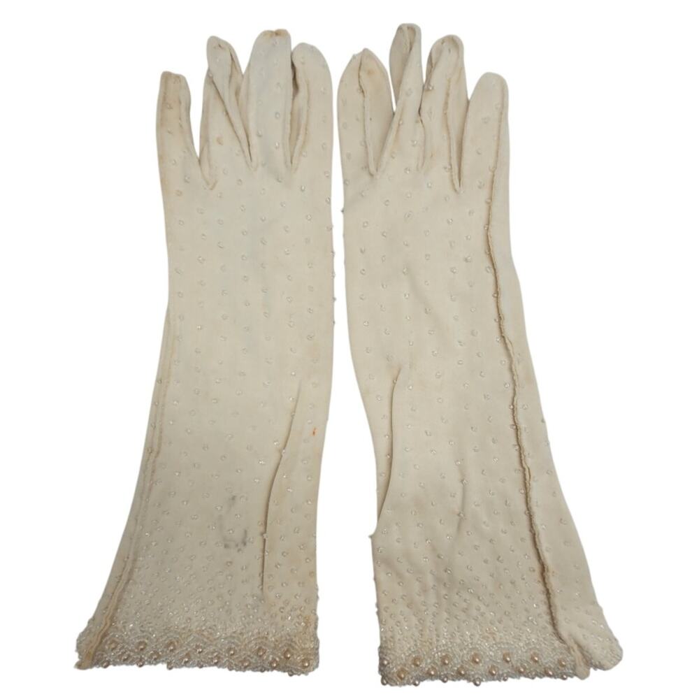 Vintage 50s‎ Cream Beaded Coat-Length Gloves Glam Formal Coquette Vintage Luxe